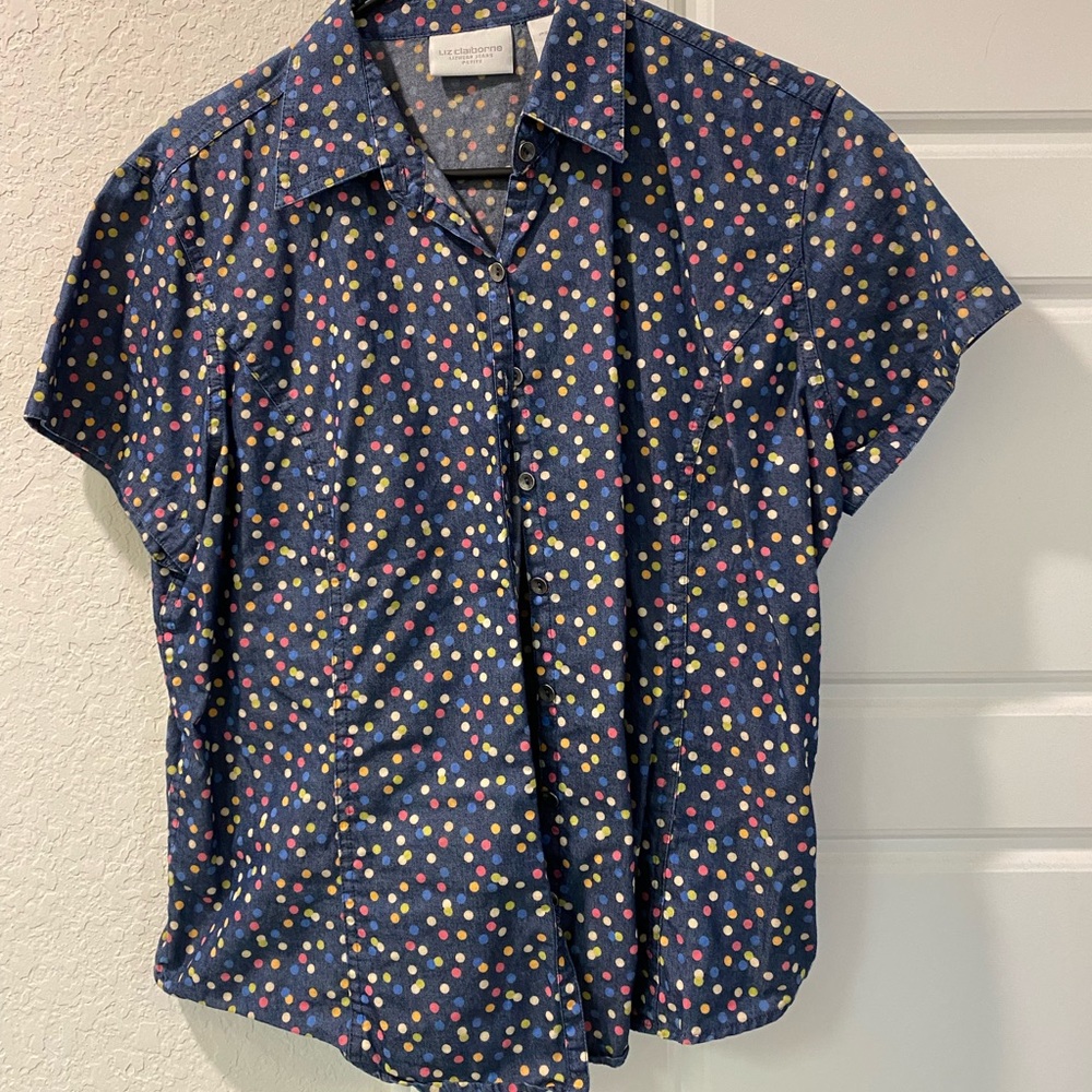 Colorful Polka Dot Blue Button Up Short Sleeve Shirt, Size Petite Large